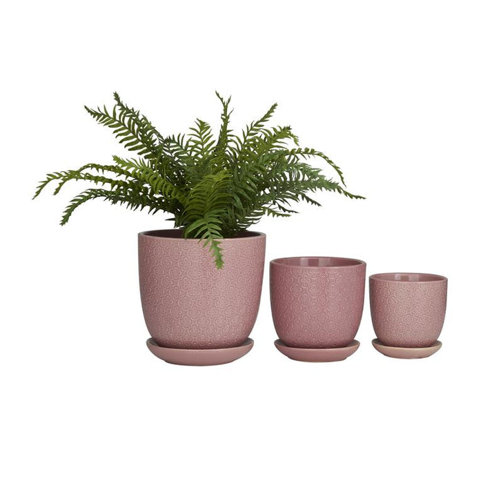 PINK PORCELAIN INDOOR OUTDOOR PLANTER WITH ATTACHED SAUCER