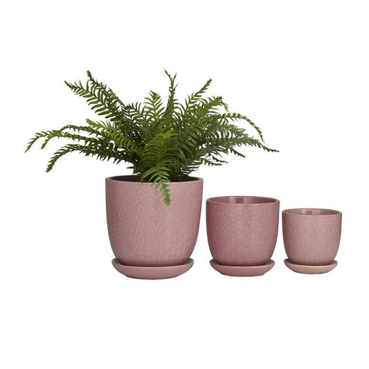 PINK PORCELAIN INDOOR OUTDOOR PLANTER WITH ATTACHED SAUCER