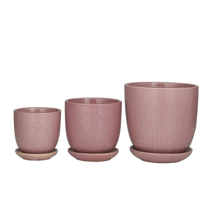 PINK PORCELAIN INDOOR OUTDOOR PLANTER WITH ATTACHED SAUCER
