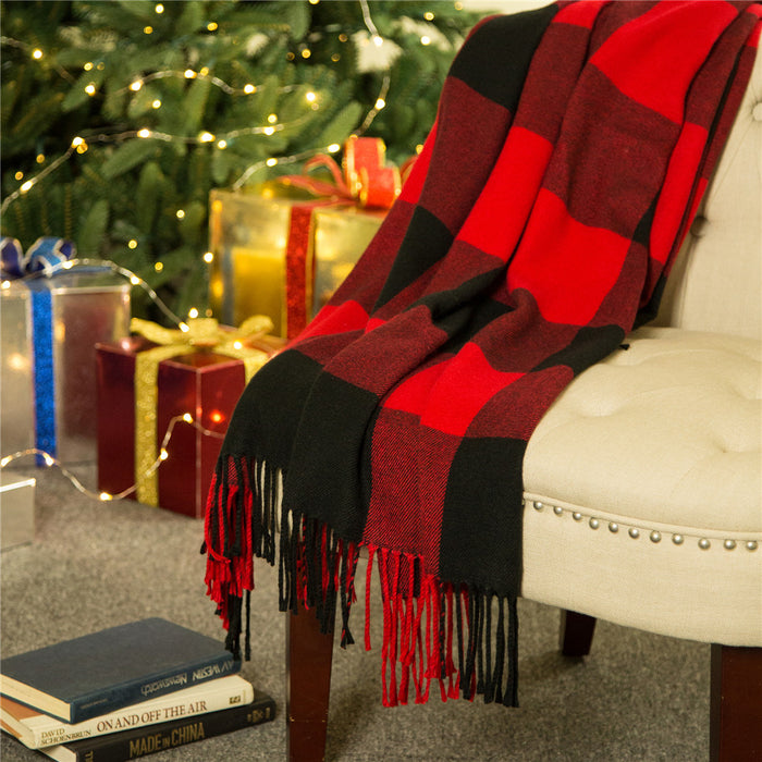 Plaid Check Tassel Throw Blanket, 50" x 60", Red