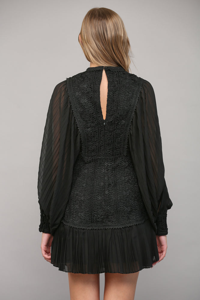 PLEATED LACE SLEEVE DRESS