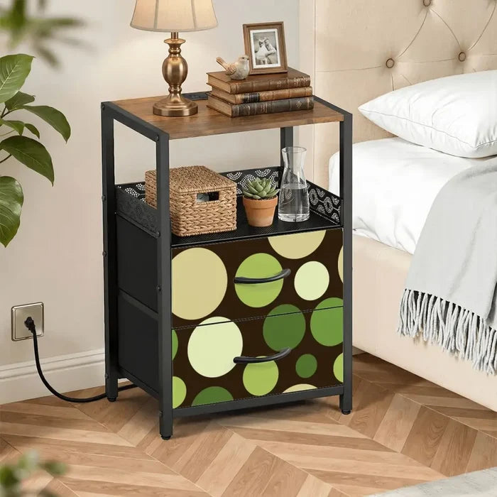 Polka Dot Midcentury Retro Nightstand with Built-In Charging Station - retro bedside table