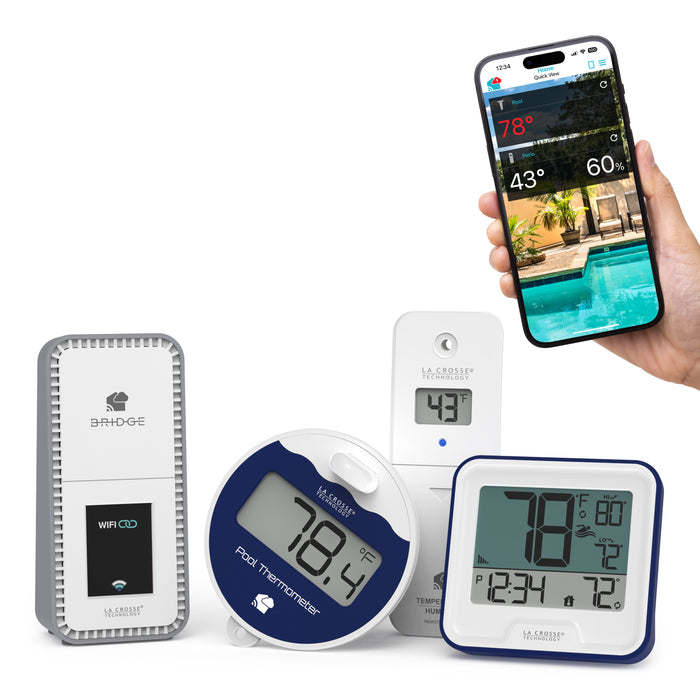 Pool Preserver alert and monitoring system offers the ability to monitor your pool temperature and backyard conditions without the need to step outside,the system includes a pool sensor, indoor display, and an indoor outdoor temperature and humidity sensor that work with the Bridge gateway and the La Crosse View app