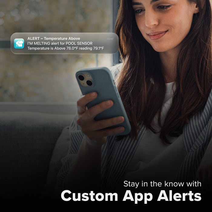 La Crosse Technology Alert and Monitoring system with a female receiving a message on their smartphone of an alert that their swimming pool temperature had reached outside of their set parameters for temperature and text that says stay in the know with Custom Alerts