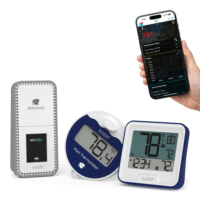 Pool Preserver alert and monitoring system offers the ability to monitor your pool temperature and backyard conditions without the need to step outside includes a pool sensor with an indoor display, works with the Bridge gateway and the La Crosse View app Crosse View app