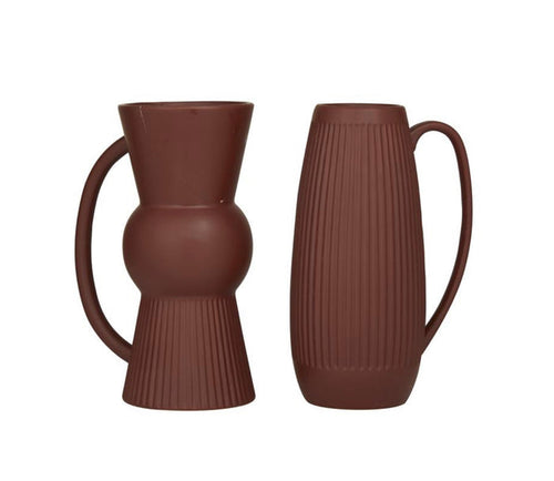 RED CERAMIC RIBBED VASE WITH HANDLES