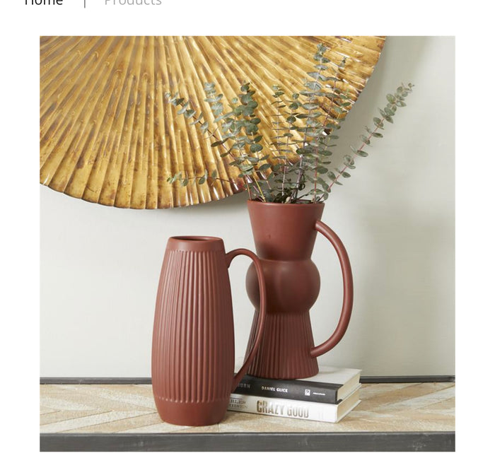 RED CERAMIC RIBBED VASE WITH HANDLES