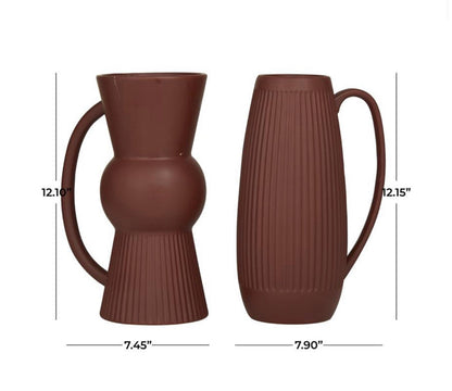 RED CERAMIC RIBBED VASE WITH HANDLES