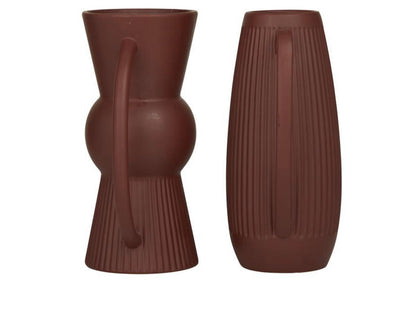 RED CERAMIC RIBBED VASE WITH HANDLES