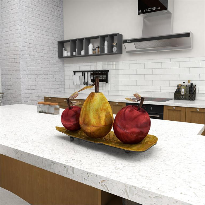 RED METAL FRUIT DECORATIVE SCULPTURE WITH PLATTER