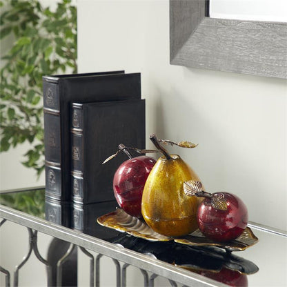 RED METAL FRUIT DECORATIVE SCULPTURE WITH PLATTER