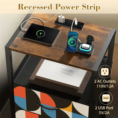 Retro 60s Bedside Table - Cabinet with Charging Station & Drawers - retro bedside table