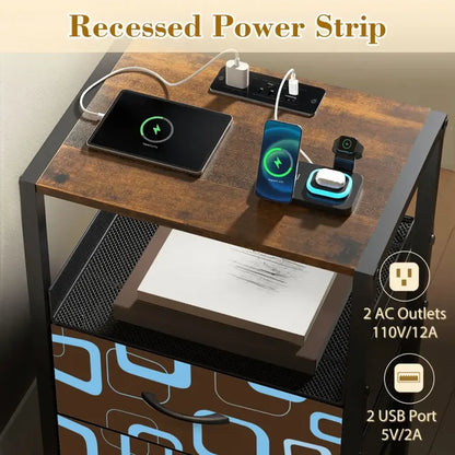 Retro 60s Midcentury Modern Bedside Table with Power Strip & 2 Drawers - retro bedside table