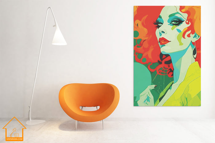 RETRO 70s CANVAS PRINT Midcentury Funky Woman Portret Orange Yellow Green