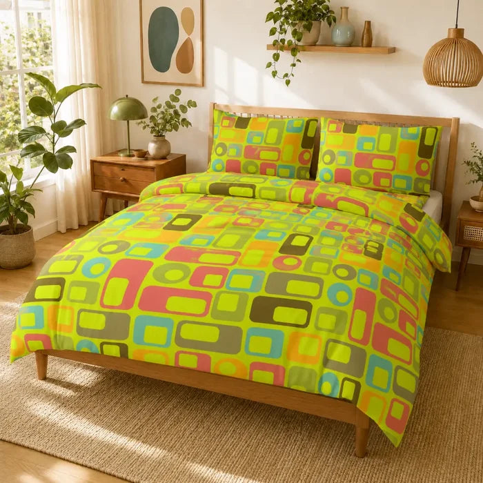 Retro 70s Double Sided Printed Duvet Cover Set – Green Midcentury Bedding - retro bedding