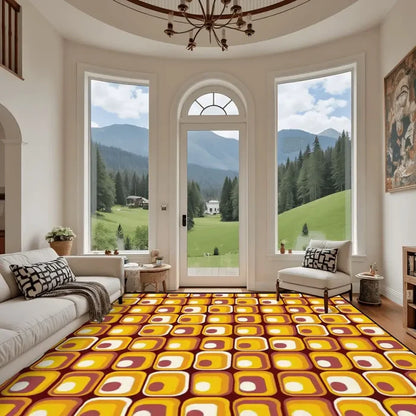 Retro 70s Orange Midcentury Rug 12x9 ft – Soft Non-Slip Living Room Carpet - retro rug