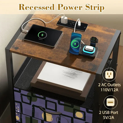 Retro Atomic Side Table with Power Outlets - Nightstand with Two Drawers - retro bedside table