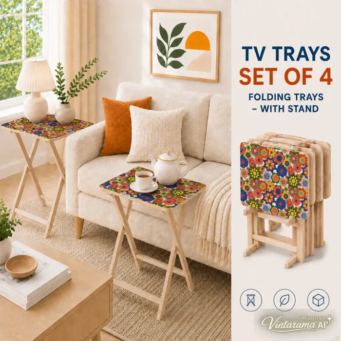 Retro Floral Millefiori TV Tray Tables Set with Rack – Foldable Wooden Snack Tables - 4 Pack - retro tv tray