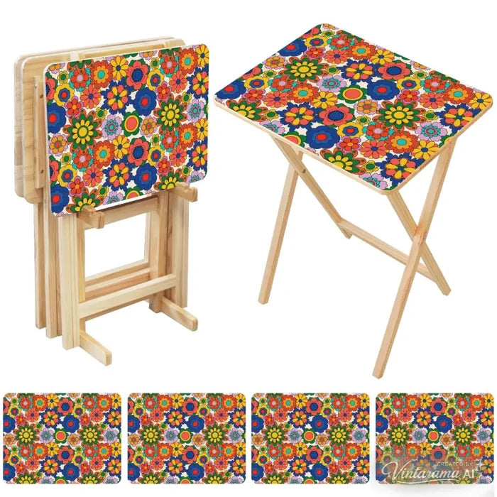 Retro Floral Millefiori TV Tray Tables Set with Rack – Foldable Wooden Snack Tables - 4 Pack - retro tv tray