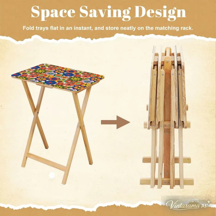 Retro Floral Millefiori TV Tray Tables Set with Rack – Foldable Wooden Snack Tables - 4 Pack - retro tv tray