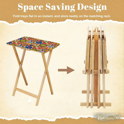 Retro Floral Millefiori TV Tray Tables Set with Rack – Foldable Wooden Snack Tables - 4 Pack - retro tv tray