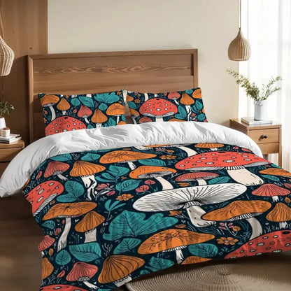Retro Mushrooms Duvet Cover Set: 70s Full Size Microfiber Bedding - Bedding - retro