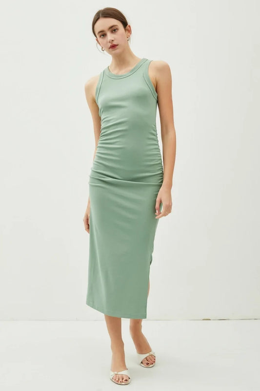 RUCHED MIDI DRESS WITH SIDE SLIT