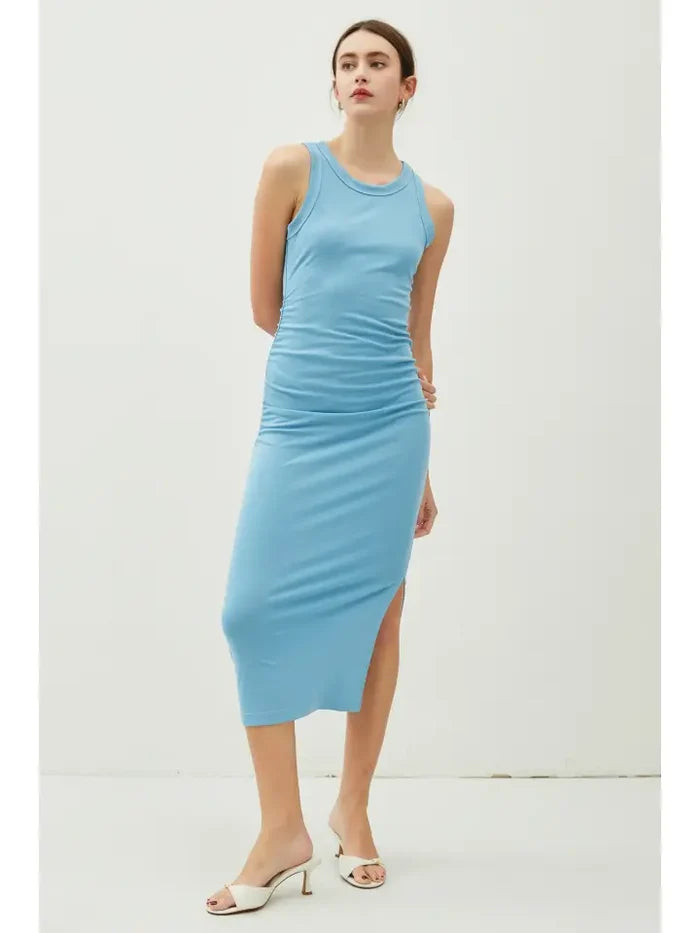 RUCHED MIDI DRESS WITH SIDE SLIT