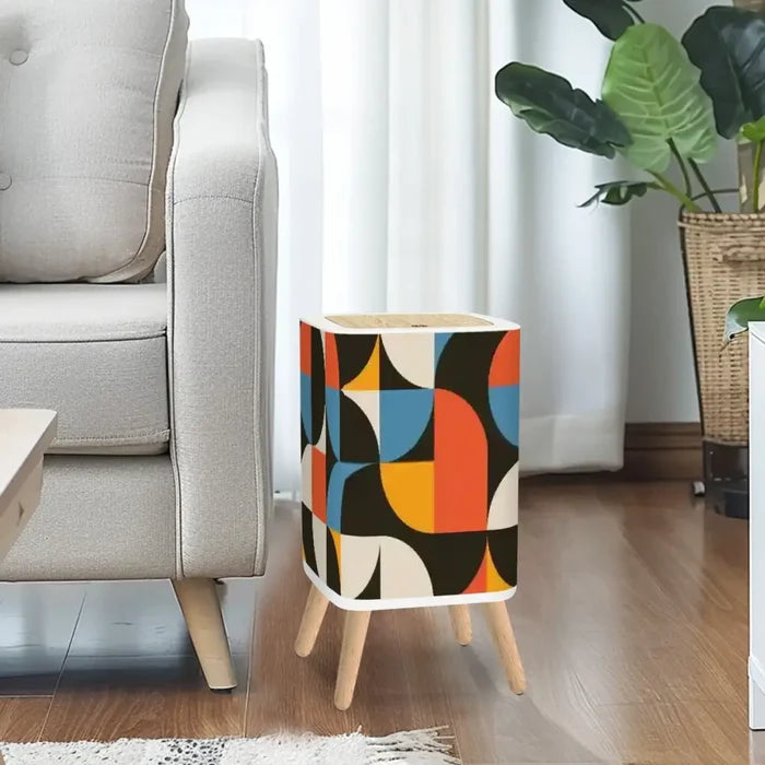 Scandi Style Square Trash Can with Lid Abstract Geometric 60s 70s - One Size - retro tash cans