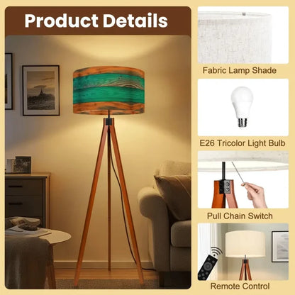 Scandinavian Retro Tripod Floor Lamp - Rustic Wood Grain Brown Blue - retro floor lamps