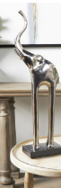 SILVER ALUMINUM ELEPHANT TALL SLIM SCULPTURE WITH BLACK MARBLE BASE