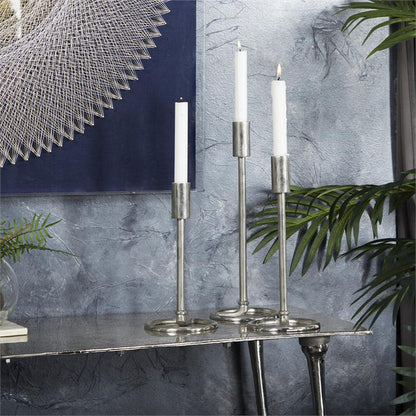 SILVER ALUMINUM TAPERED CANDLE HOLDER WITH RING BASES,
