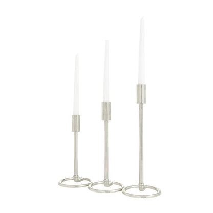 SILVER ALUMINUM TAPERED CANDLE HOLDER WITH RING BASES,