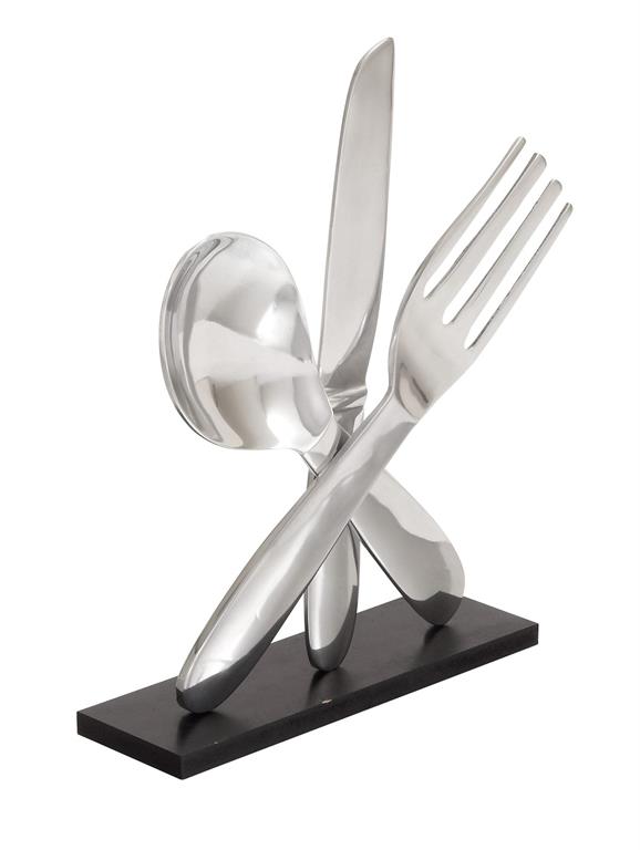 SILVER ALUMINUM UTENSILS SCULPTURE WITH BLACK BASE