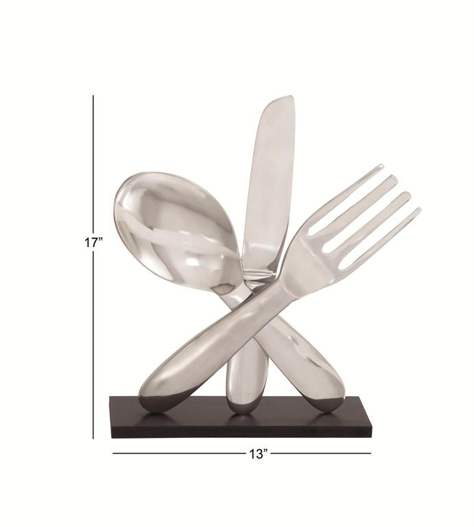 SILVER ALUMINUM UTENSILS SCULPTURE WITH BLACK BASE