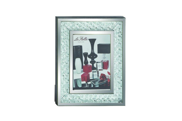 SILVER GLASS MIRRORED PHOTO FRAME WITH FLOATING CRYSTALS,