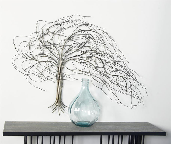SILVER METAL TREE INDOOR OUTDOOR WALL DECOR WITH LONG BRANCH