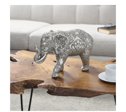 SILVER POLYSTONE ELEPHANT ENGRAVED FLORAL SCULPTURE, 6" X 14" X 9"