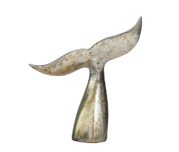 SILVER POLYSTONE WHALE SCULPTURE WITH COPPER DISTRESSING, 14" X 7" X 16"