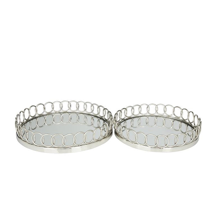 SILVER STAINLESS STEEL MIRRORED TRAY WITH CIRCLE PATTERNED SIDES