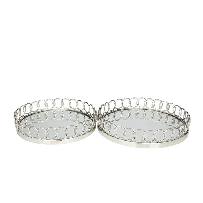 SILVER STAINLESS STEEL MIRRORED TRAY WITH CIRCLE PATTERNED SIDES