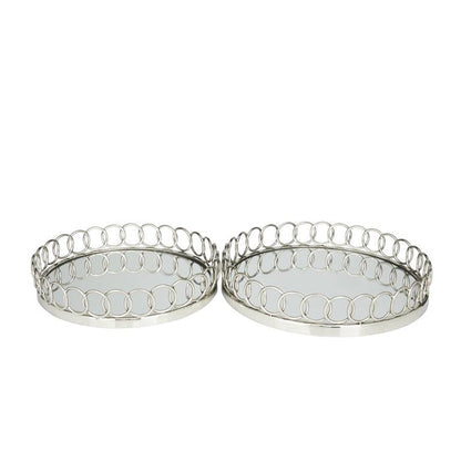 SILVER STAINLESS STEEL MIRRORED TRAY WITH CIRCLE PATTERNED SIDES