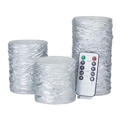 SILVER WAX TEXTURED FLAMELESS CANDLE WITH REMOTE CONTROL,