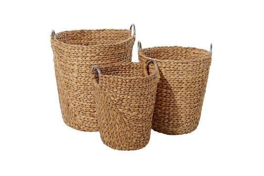 TAN SEAGRASS HANDMADE STORAGE BASKET WITH METAL HANDLES