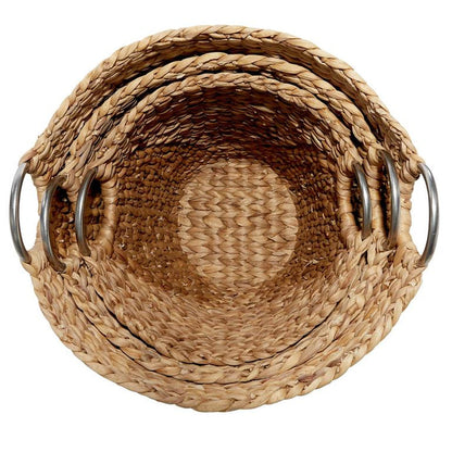 TAN SEAGRASS HANDMADE STORAGE BASKET WITH METAL HANDLES