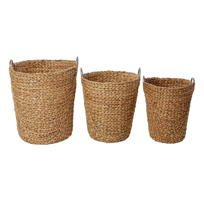 TAN SEAGRASS HANDMADE STORAGE BASKET WITH METAL HANDLES