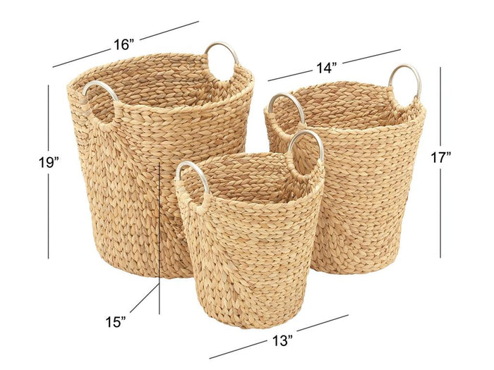 TAN SEAGRASS HANDMADE STORAGE BASKET WITH METAL HANDLES