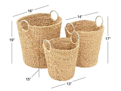 TAN SEAGRASS HANDMADE STORAGE BASKET WITH METAL HANDLES