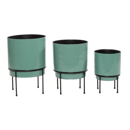 TEAL METAL INDOOR OUTDOOR PLANTER WITH REMOVABLE BLACK STAND