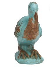 TEAL POLYSTONE BIRD DISTRESSED SCULPTURE WITH BROWN WOOD INSPIRED ACCENTS, 3" X 11" X 7